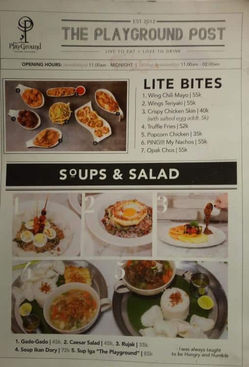 The Playground Menu,Menú para The Playground, Pondok Indah, Jakarta