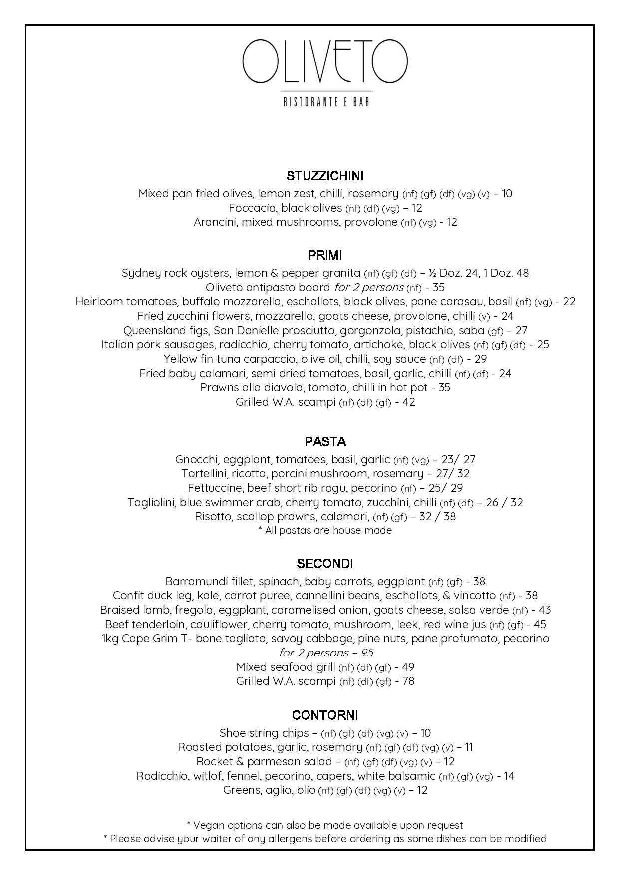 Oliveto Ristorante \u0026 Bar Menu, Menu for 