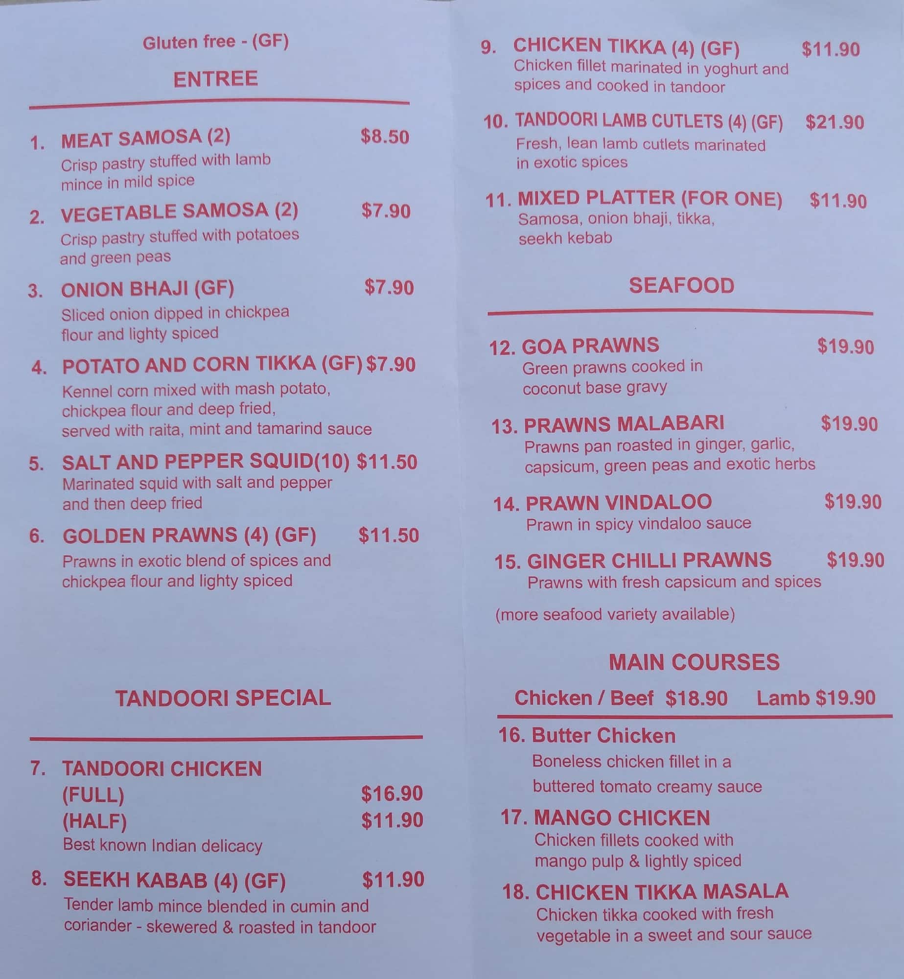 Menu at Copperpot Indian Restaurant, Menai