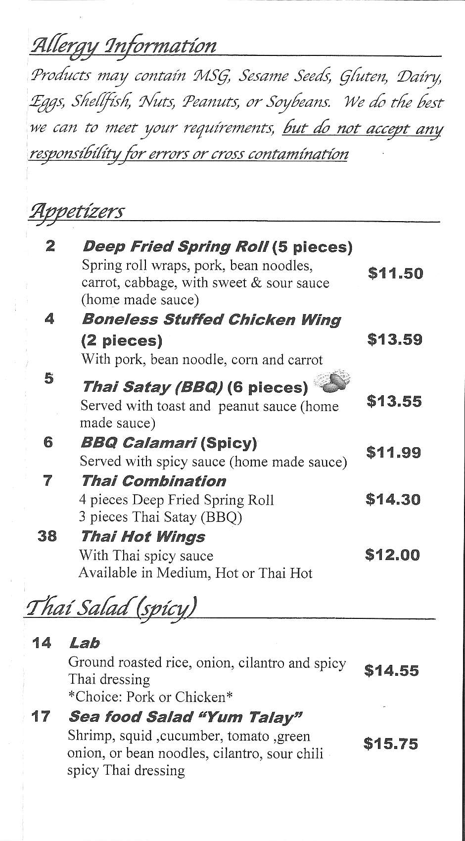 Menu at Hong Fah Thai Restaurant, Grande Prairie, 105 St Unit 105