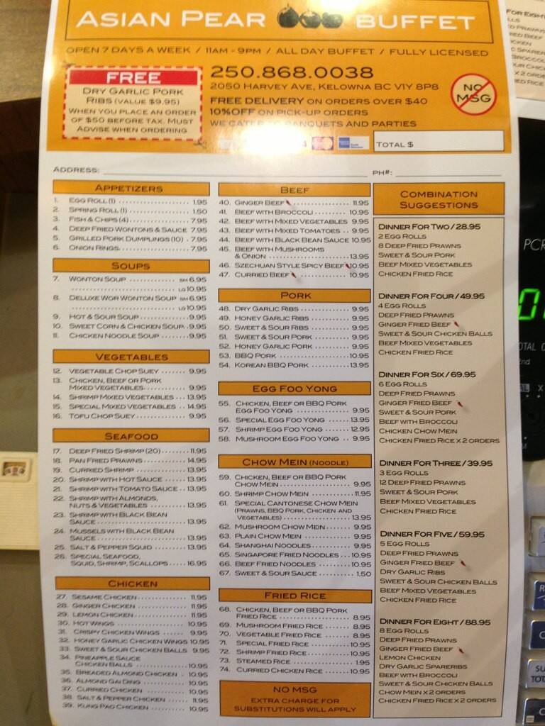 Asian Pear Buffet Menu, Menu podniku Asian Pear Buffet, Central City