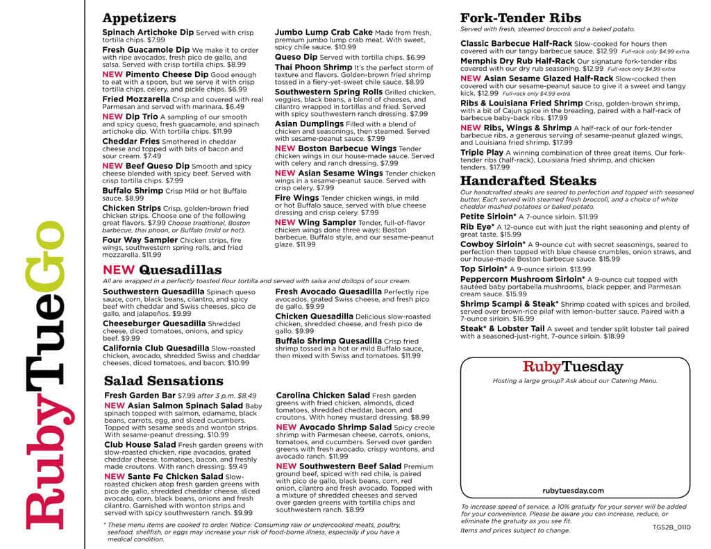 Ruby Tuesday Menu, Menu for Ruby Tuesday, Manassas, Prince William