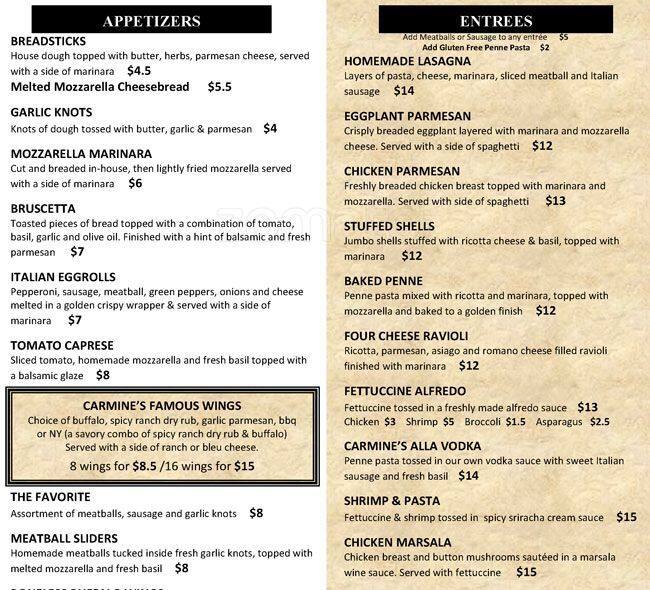 Carmines Pizza and Pasta Menu, Menu for Carmines Pizza and Pasta, Lone