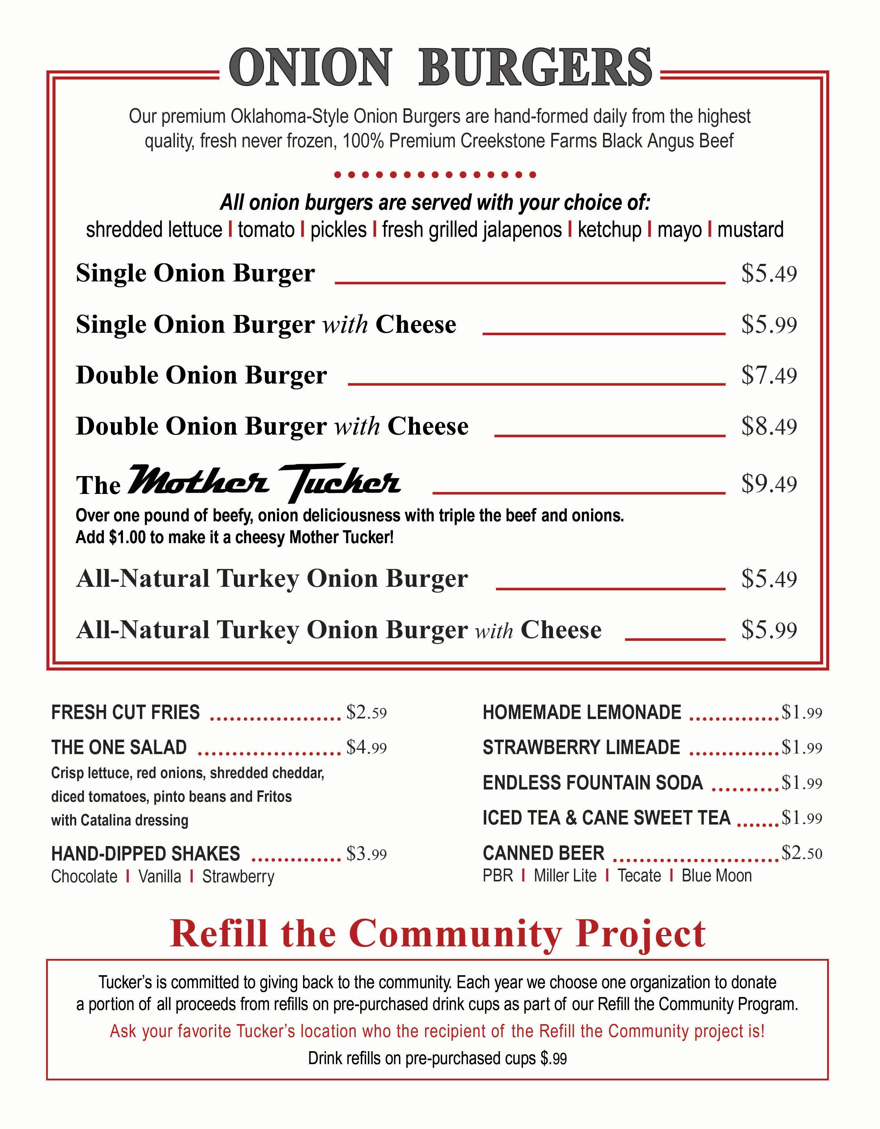 Menu at Tucker's Onion Burgers pub & bar, Oklahoma City, N May Ave