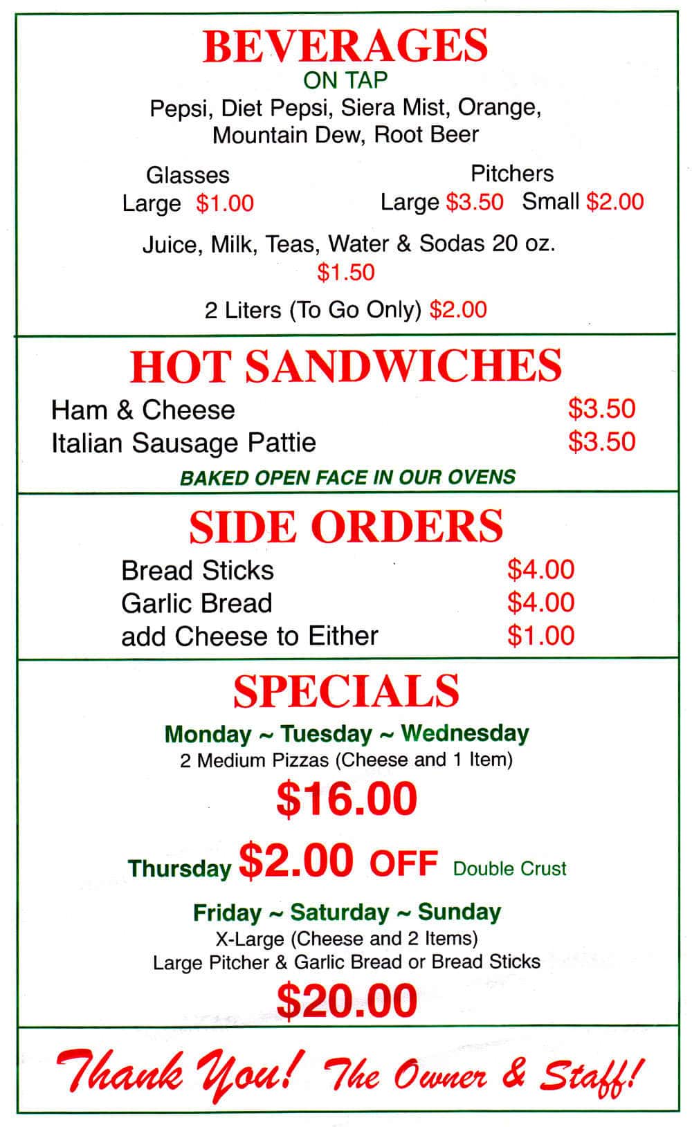 Menu at Pizza Oven pizzeria, Kingsford