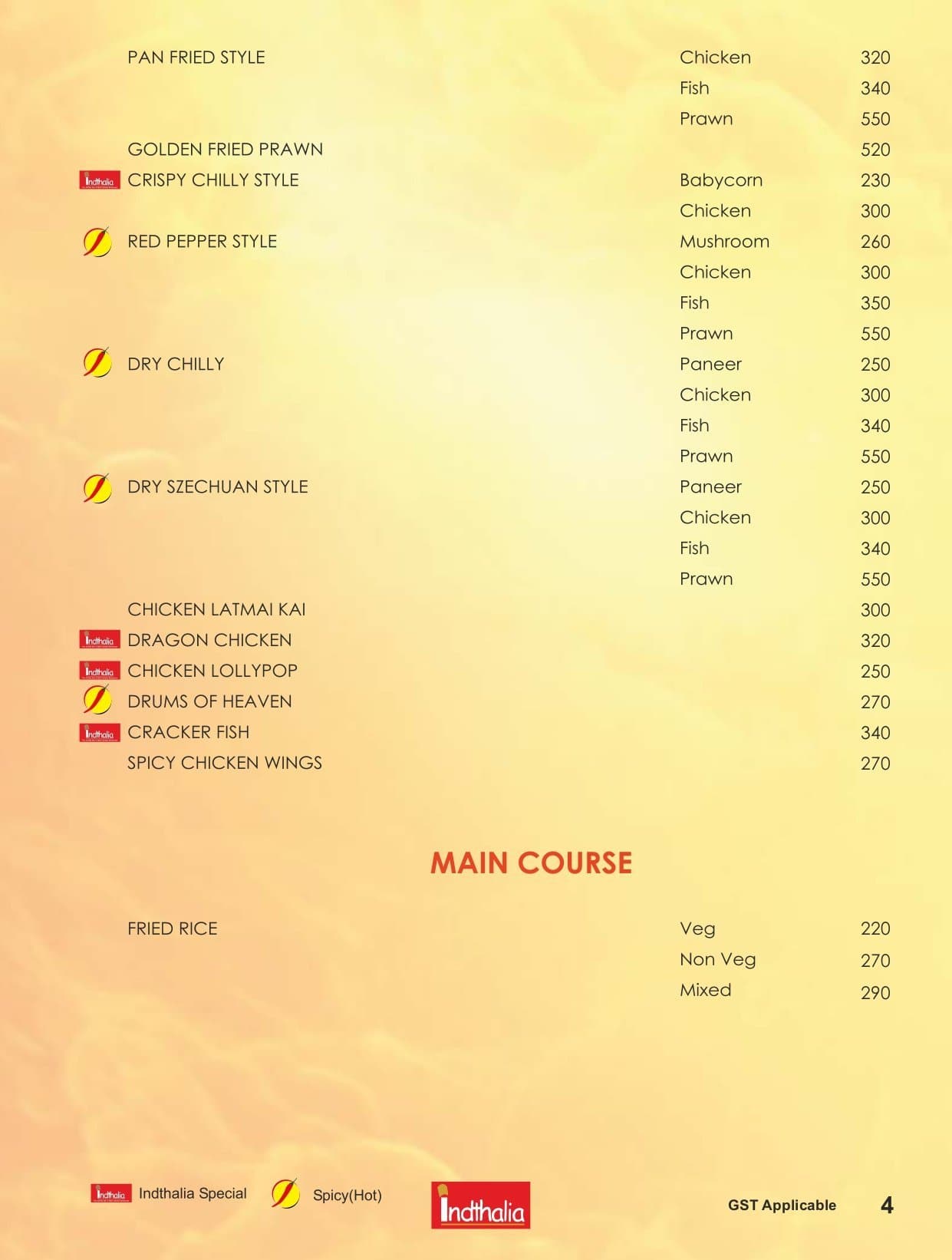 Indthalia menu