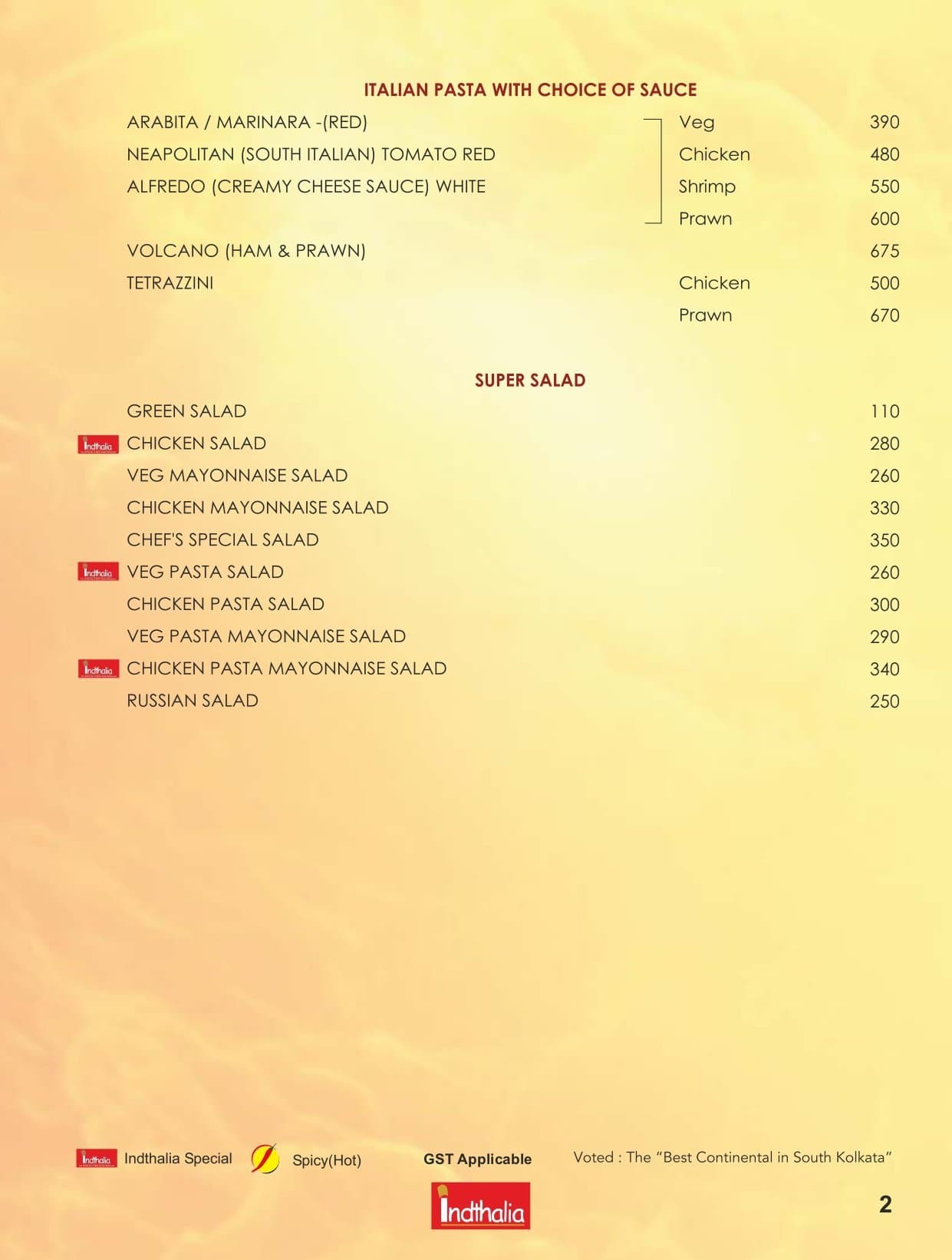 Indthalia menu