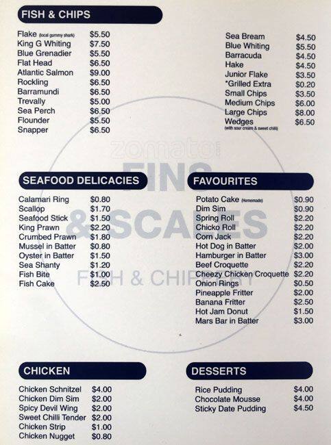 Menu At Fins And Scales Fast Food Mount Eliza