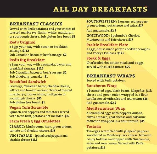 Red's Diner Menu,Menú para Red's Diner, 4th Street, Calgary