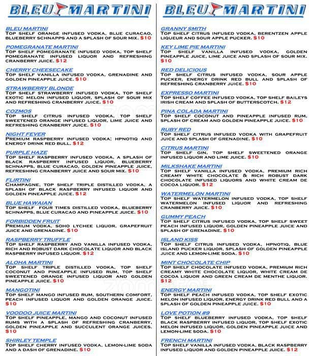 Bleu Martini Menu, Menu for Bleu Martini, Old City, Philadelphia