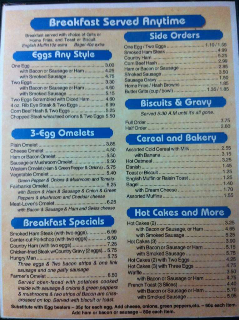 Menu at Fairbanks Restaurant, Winter Park