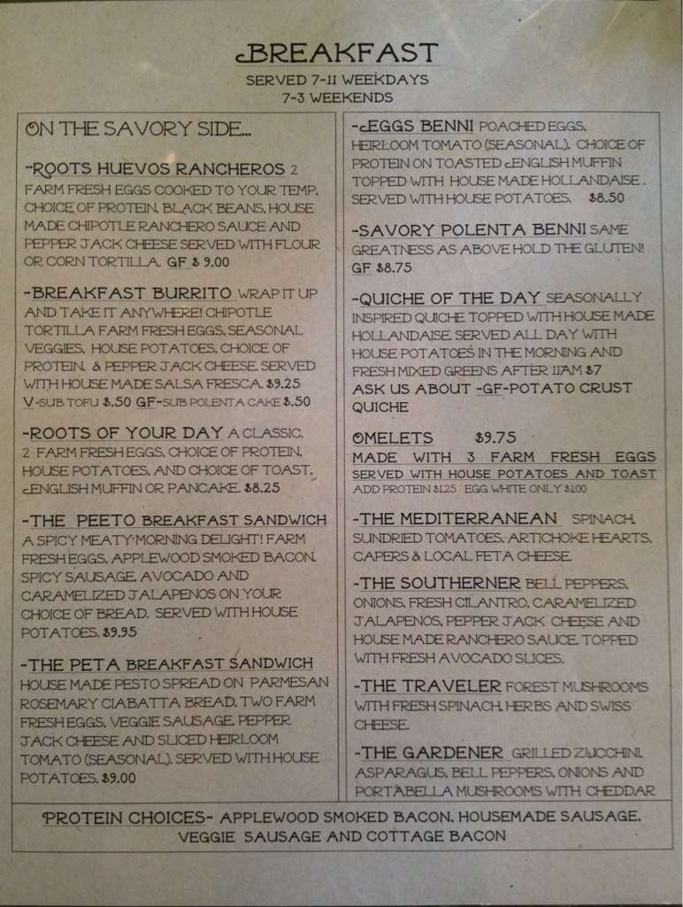 Menu at Roots Caf cafe, East Millcreek, S 2300 E