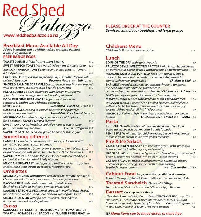 Red Shed Palazzo menu, Menu restauracji Red Shed Palazzo, Karaka