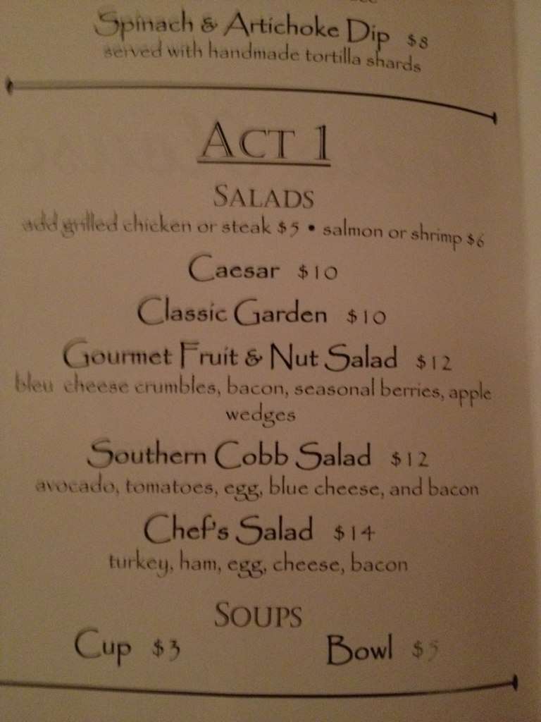 Menu at Opera House steakhouse, Martin