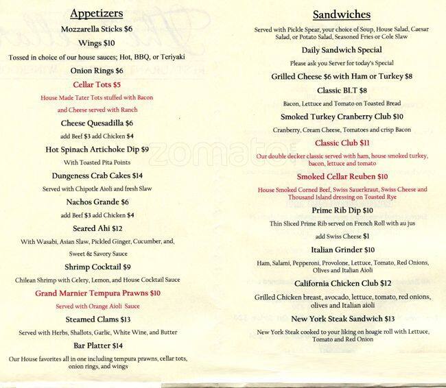 The Cellar Menu, Menu for The Cellar, Marysville, Marysville