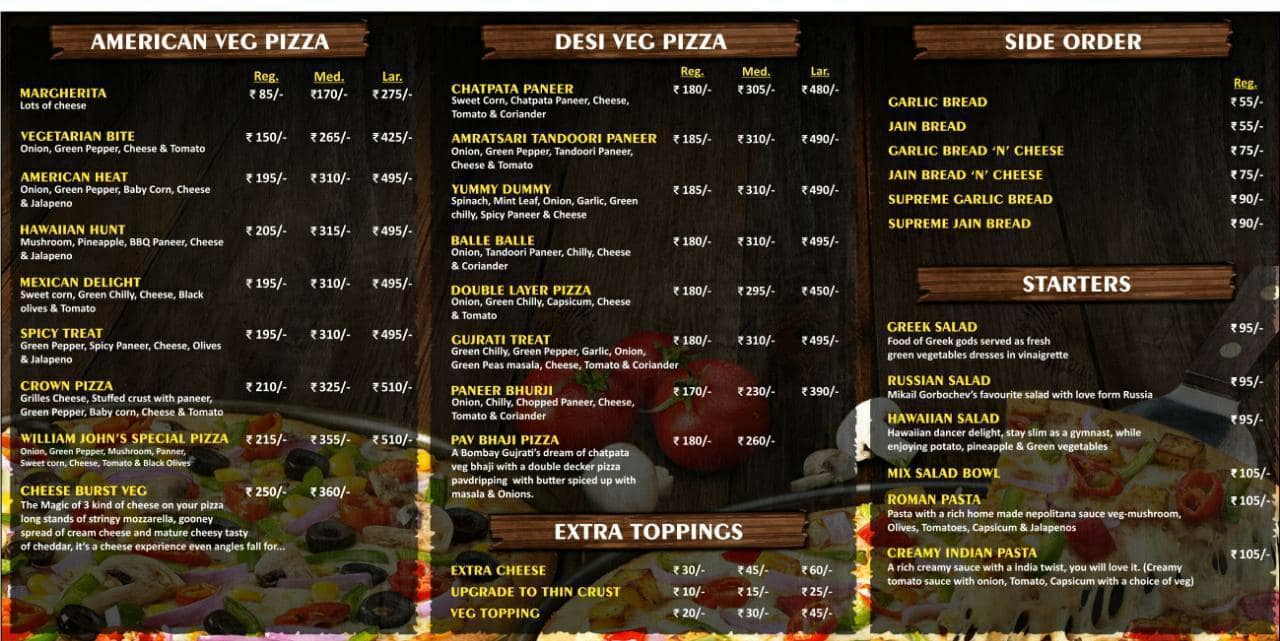 William John's Pizza menu