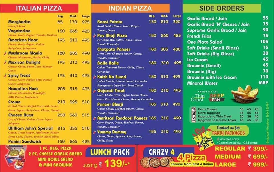 William John's Pizza menu
