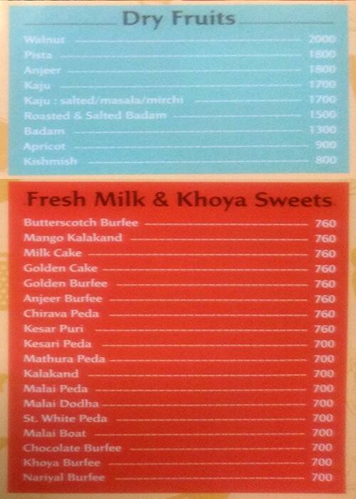 Brijwasi Sweets menu