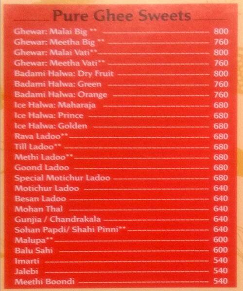 Brijwasi Sweets menu