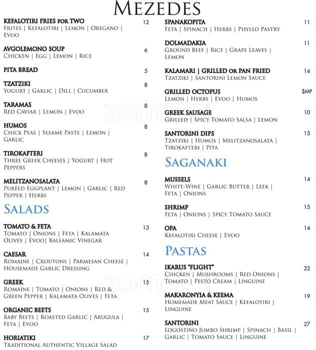 Menu at Santorini Estiatorio restaurant, Richmond Hill, 288 John St.