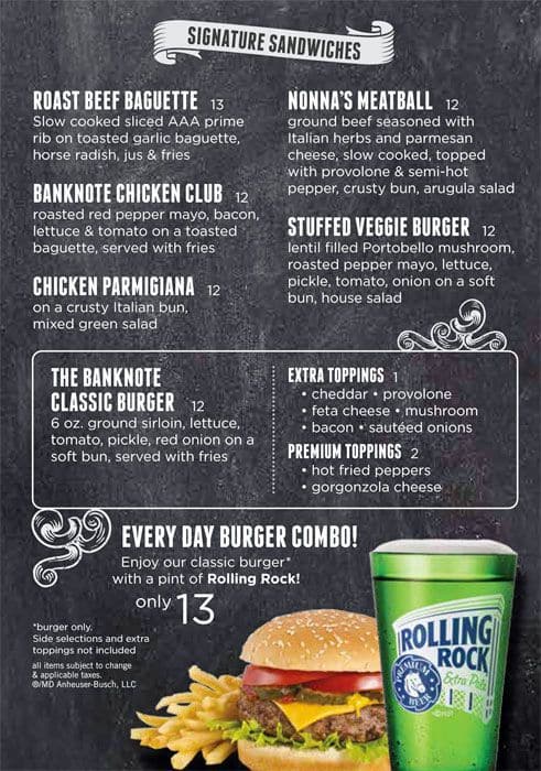 Banknote Bar menu