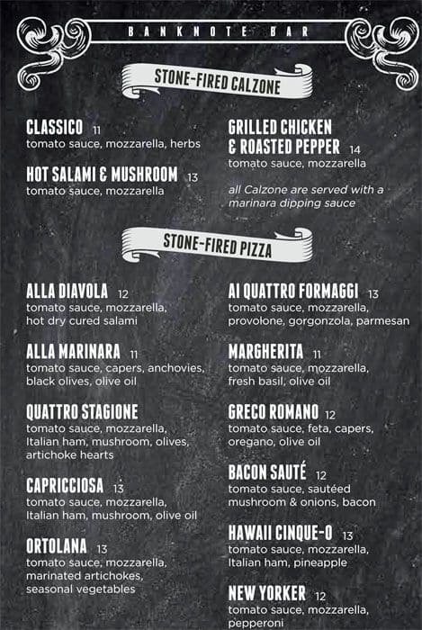 Banknote Bar menu