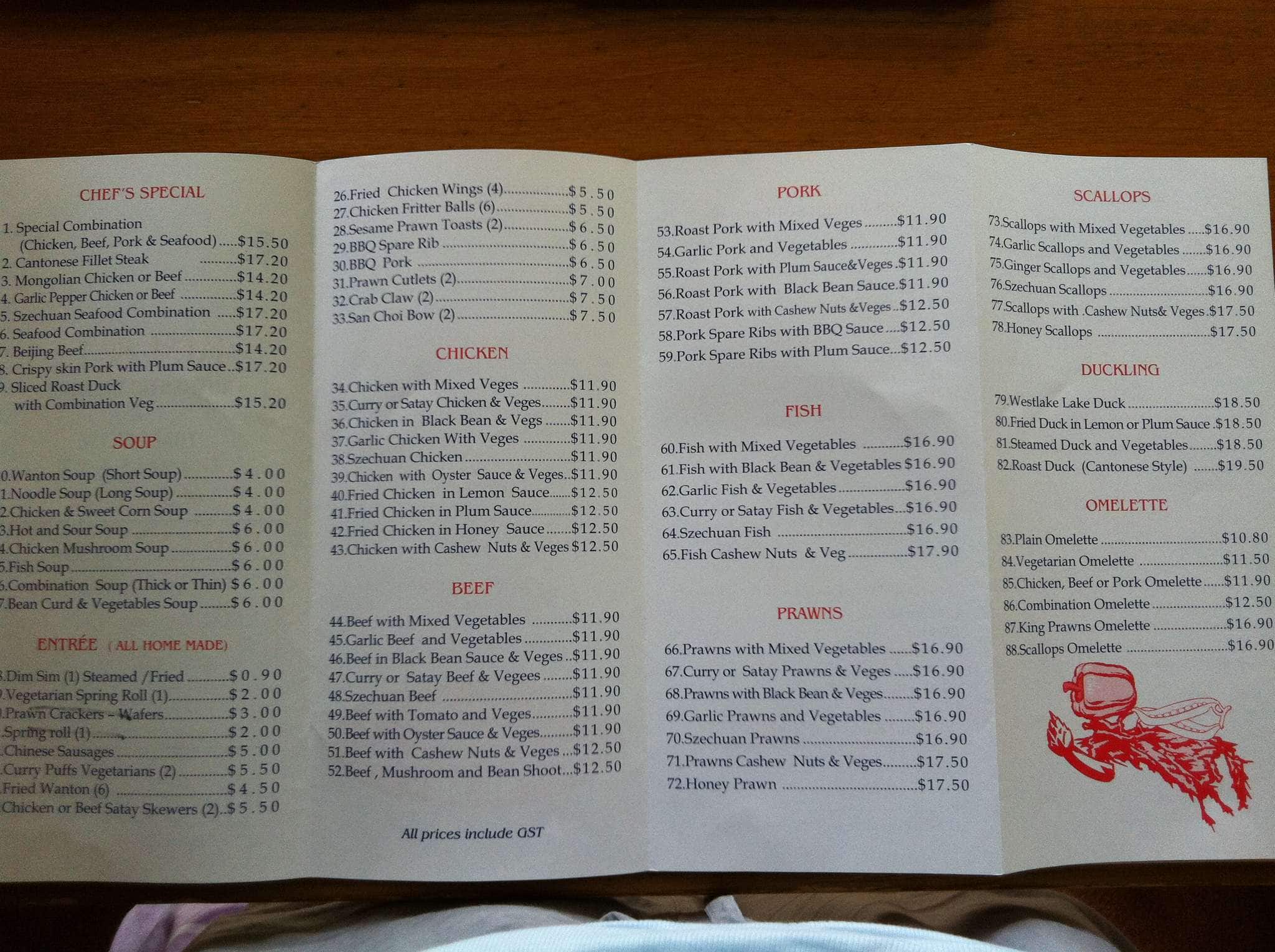 Menu at Kim & Li restaurant, Mount Eliza