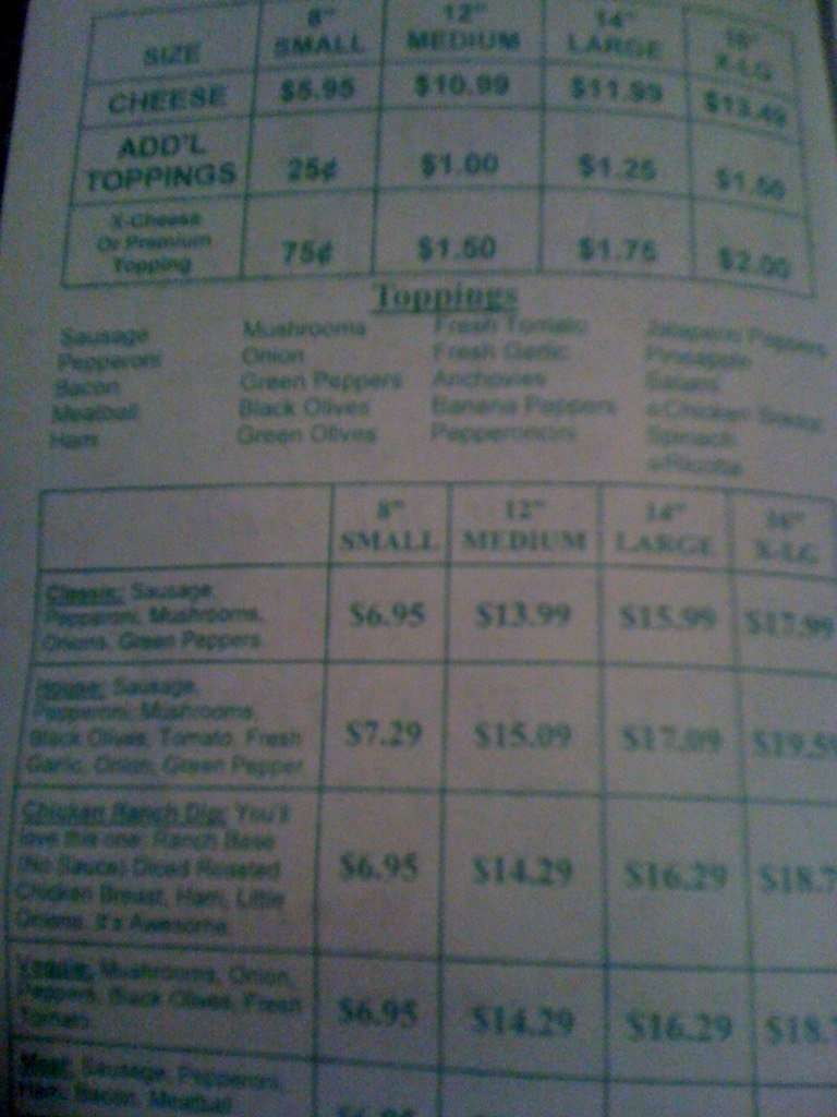 Menu at Paul's Chicago Pizza pizzeria, Clearwater