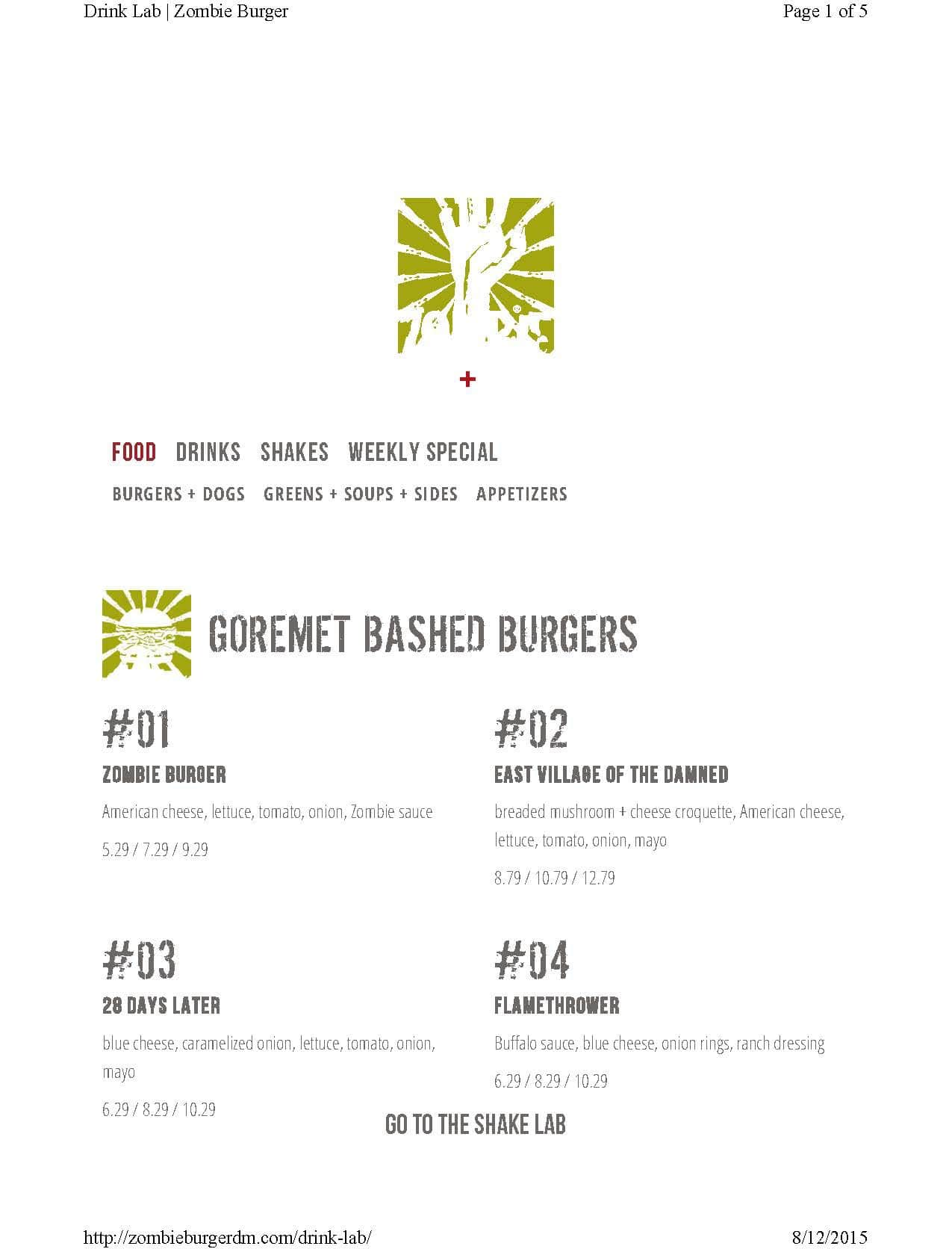 Zombie Burger + Drink Lab Menu Urbanspoon/Zomato