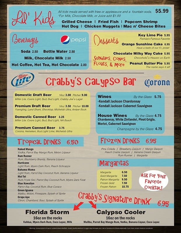 Menu at Crabby Joe's Deck & Grill pub & bar, Daytona Beach Shores