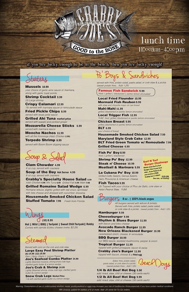 Menu at Crabby Joe's Deck & Grill pub & bar, Daytona Beach Shores