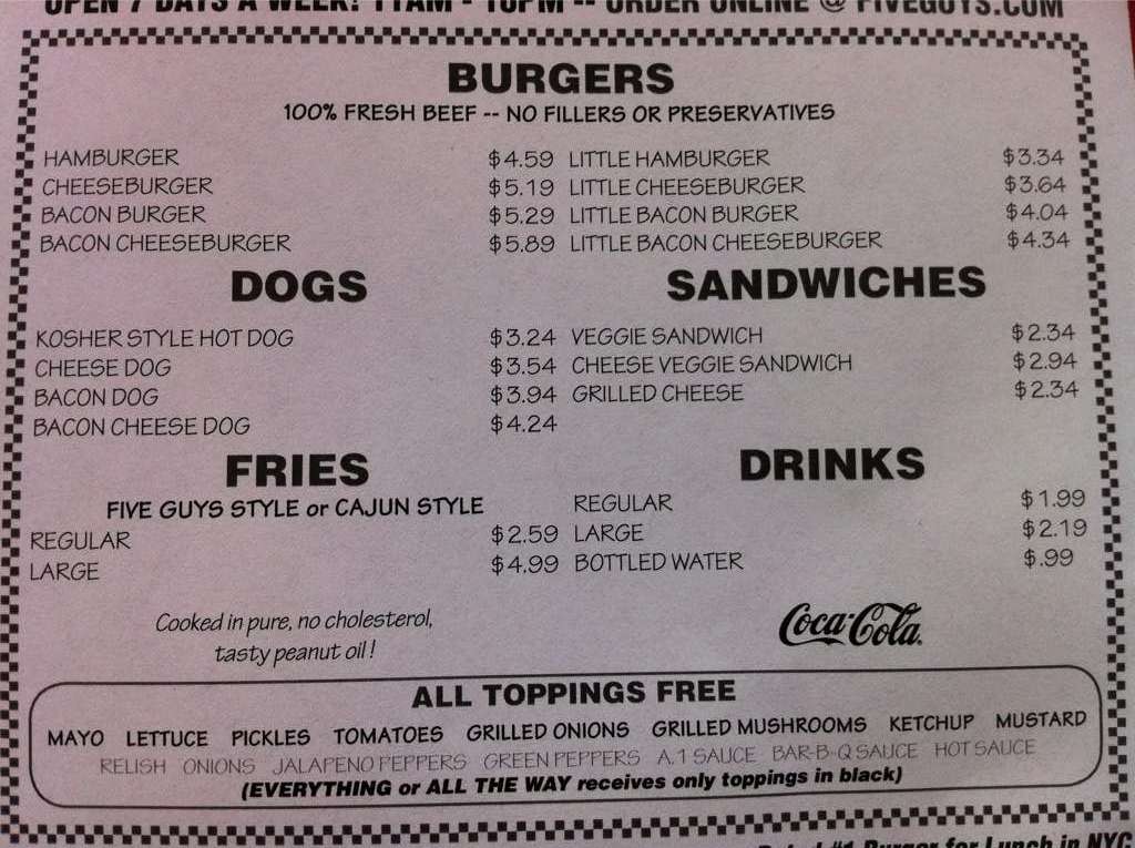 Menu at Five Guys fast food, Missoula