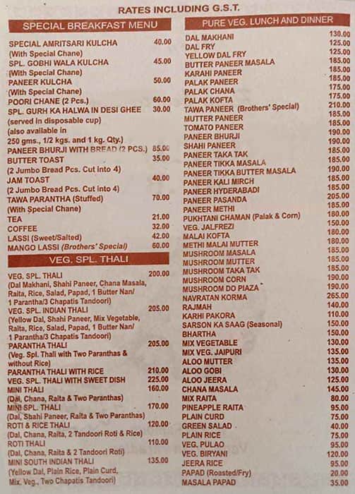 Menu of Brothers Dhaba, GNDU Area, Amritsar