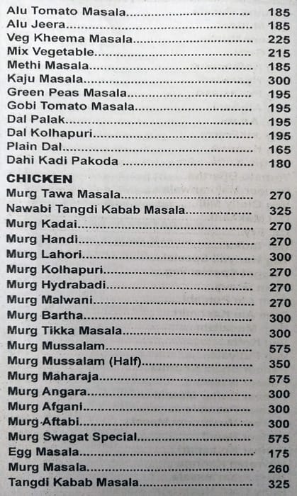 Swagat Dining Bar menu