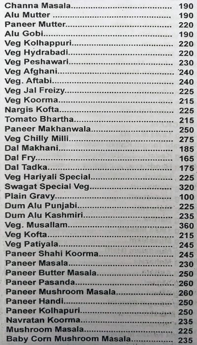 Swagat Dining Bar menu