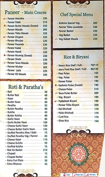 Hotel Brahma Garden menu