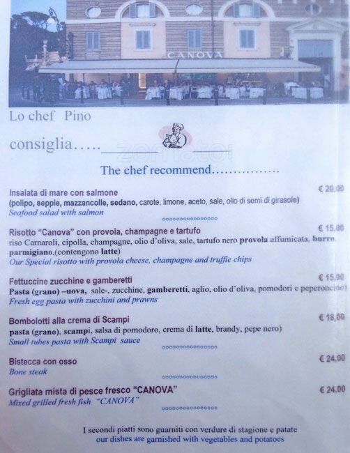 Menu at Canova Piazza del Popolo restaurant, Rome