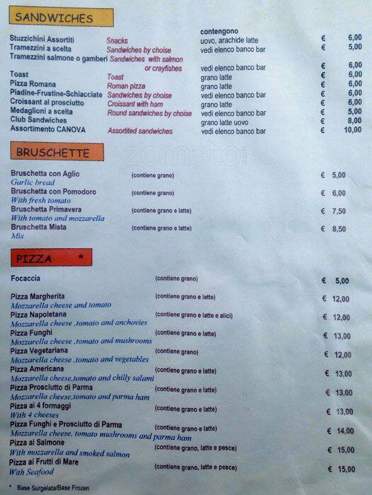 Menu at Canova Piazza del Popolo restaurant, Rome