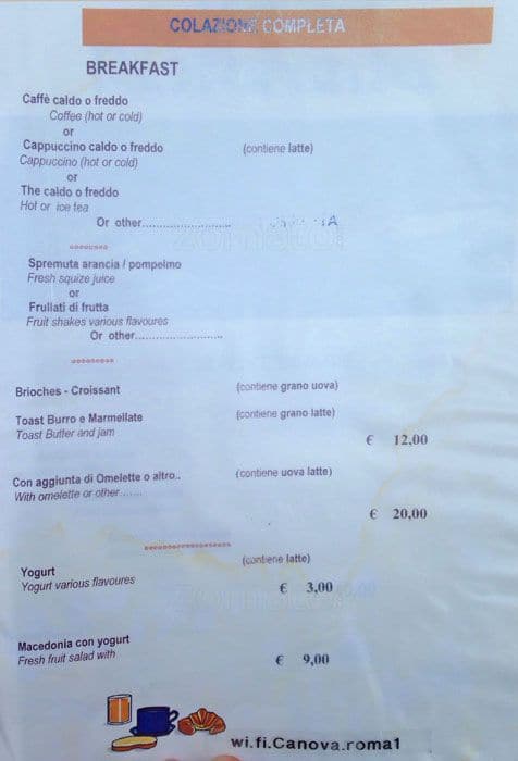 Menu at Canova Piazza del Popolo restaurant, Rome