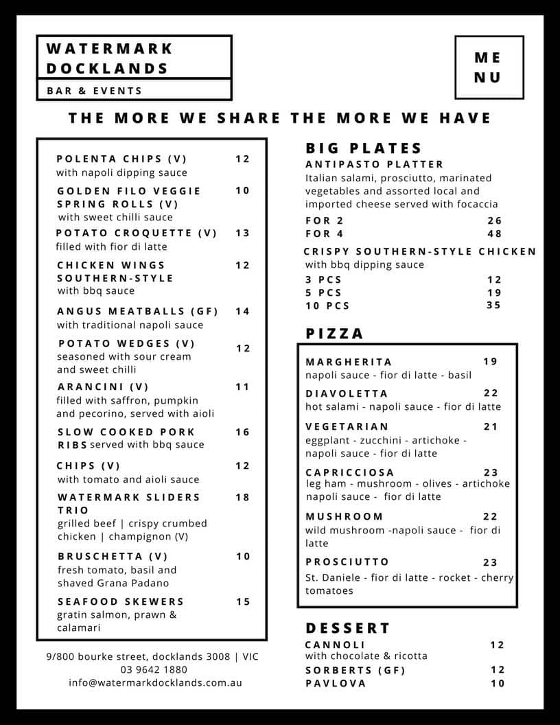 Watermark Docklands Menu, Menu for Watermark Docklands, Docklands