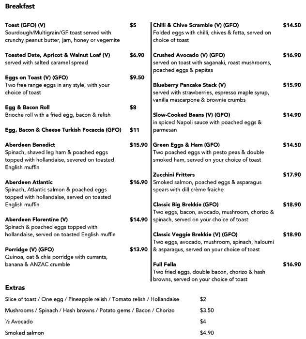 Cafe Aberdeen Menu, Menu For Cafe Aberdeen, Macleod, Melbourne 