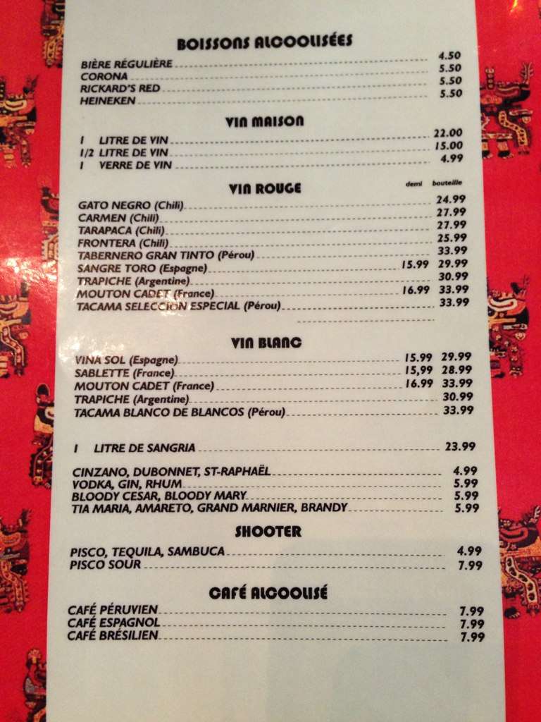 Menu au Villa Wellington restaurant, Montréal