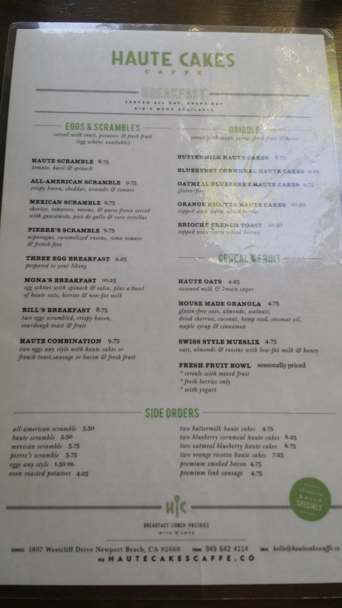 Menu at Haute Cakes Caffe cafe, Newport Beach