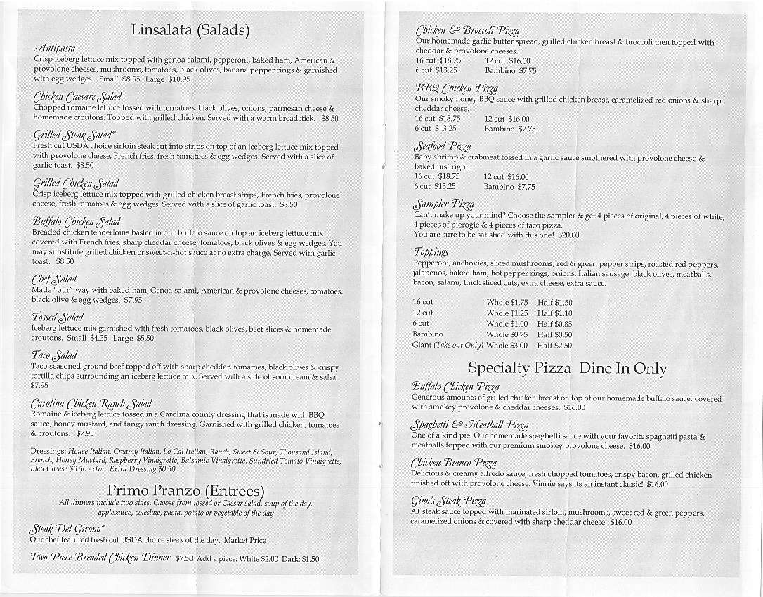 Menu at Gino Giannilli's pizzeria, Latrobe