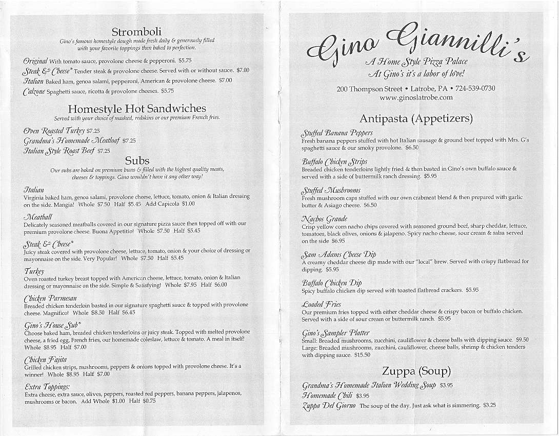 Menu at Gino Giannilli's pizzeria, Latrobe