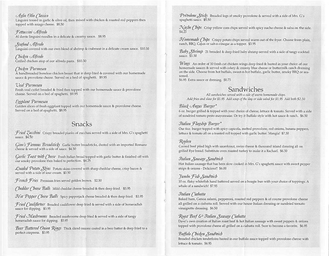 Menu at Gino Giannilli's pizzeria, Latrobe