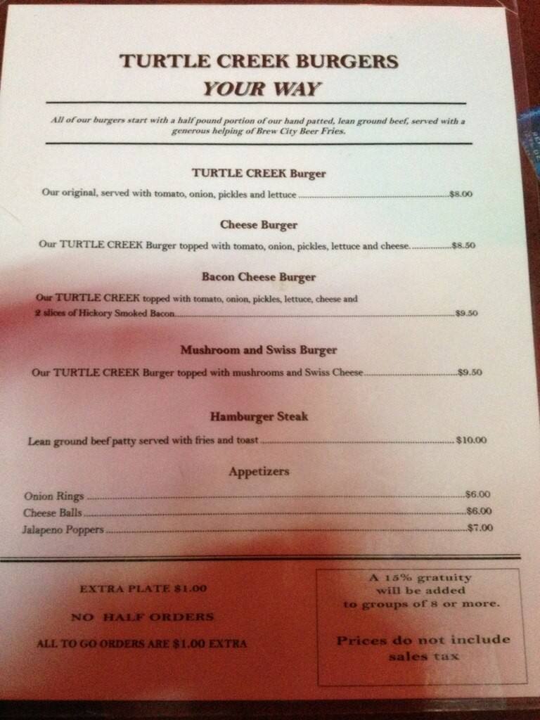 Menu at Turtle Creek Saloon steakhouse, Miller