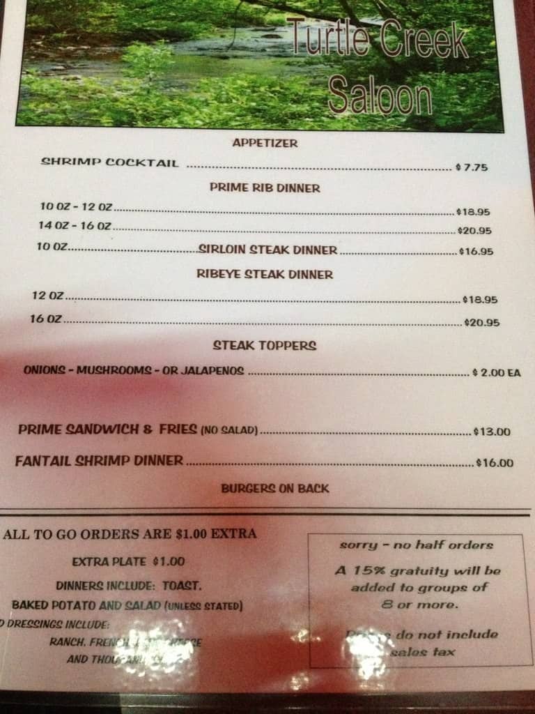 Menu at Turtle Creek Saloon steakhouse, Miller
