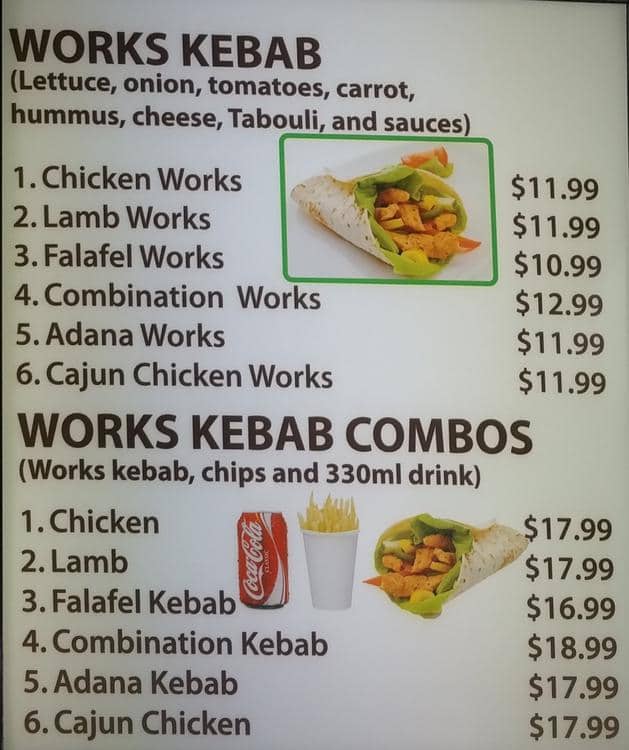 Menu at Tasty Kebab restaurant, Auckland