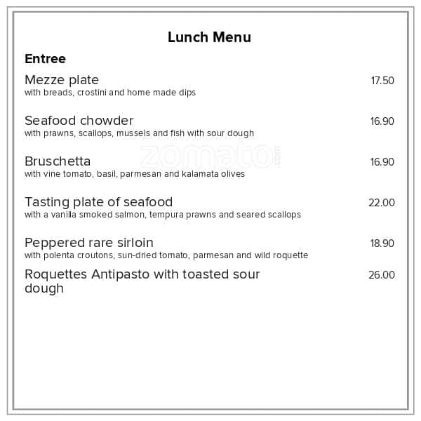 Menu at Roquette restaurant, Whakatane